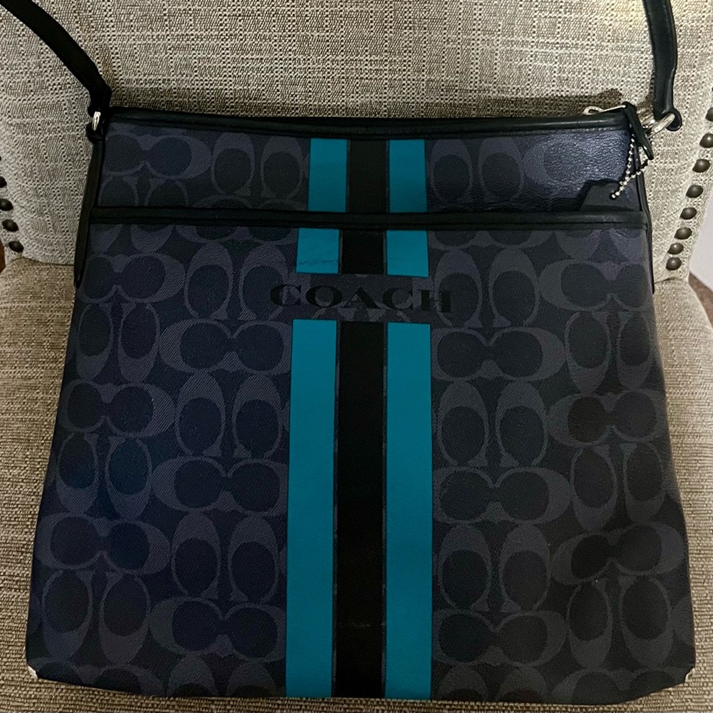 Coach Signature Varsity Stripe Blue/Teal Leather Crossboy Bag Chic Minimalist - Picture 2 of 8